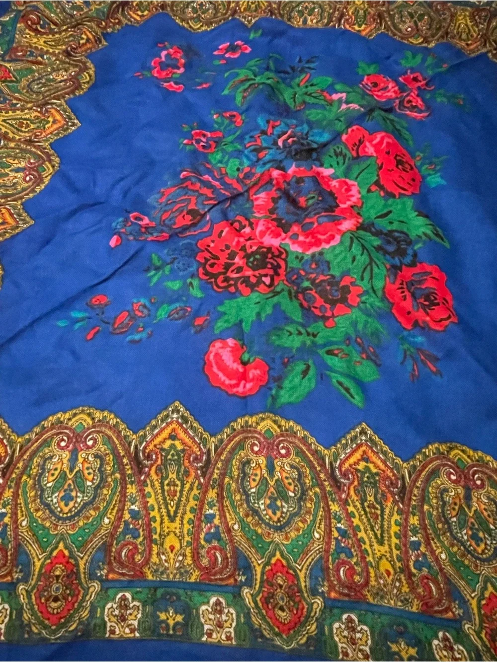 Vintage Pavlovo Posad Russian Wool Shawl Scarf Blue Paisley Floral